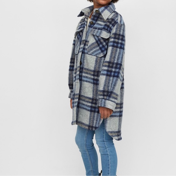 GIRLS H&M LONG BLUE & GREY THICK WOOL-LIKE PLAID SHACKET (SIZE 8) - Picture 6 of 8